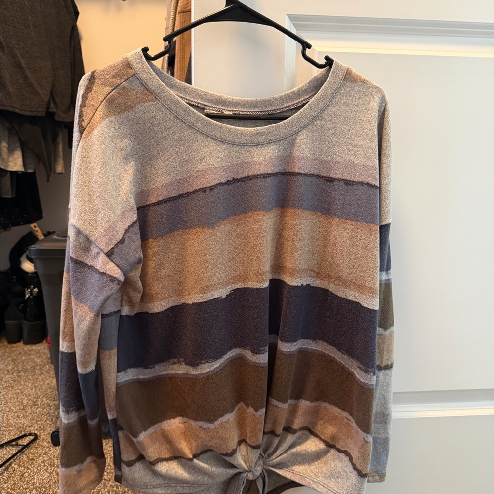 Striped Long Sleeve Knotted Top